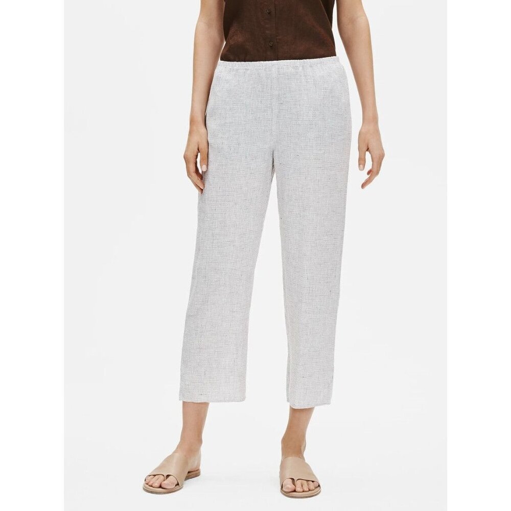NWT Eileen Fisher Womens Organic Linen Check Straight Pant Size L Checked Patter